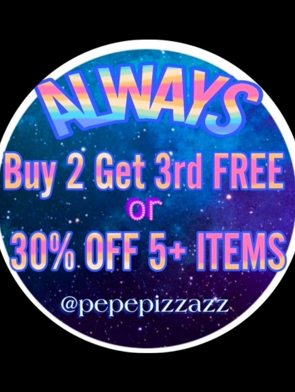 I offer bogo buy2 get 3rd FREEi!! 5+ items get 30% off YOUR ENTIRE ORDER!!!